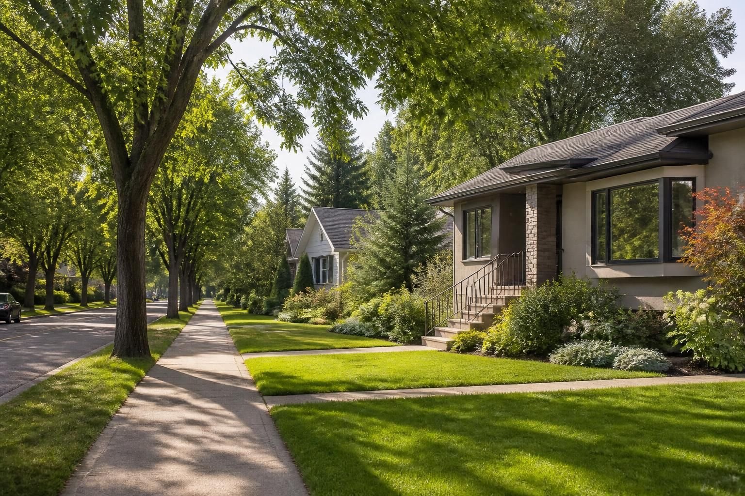 Tree-lined suburban street with detached homes and greenery.