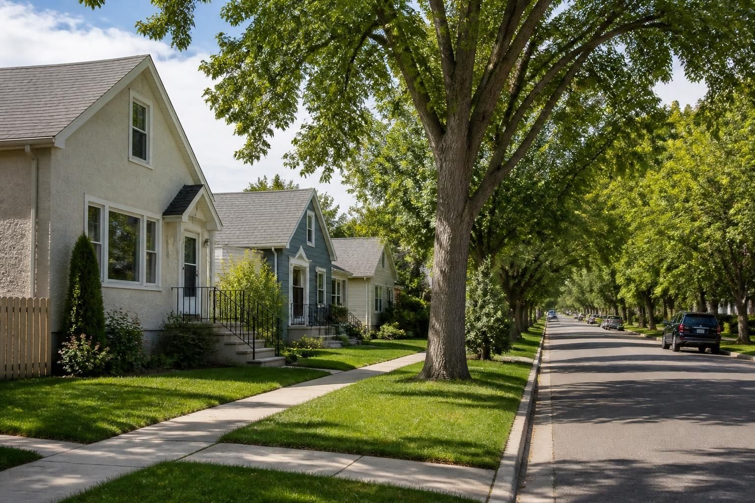 Tidy houses along a calm tree-covered suburban roadway.