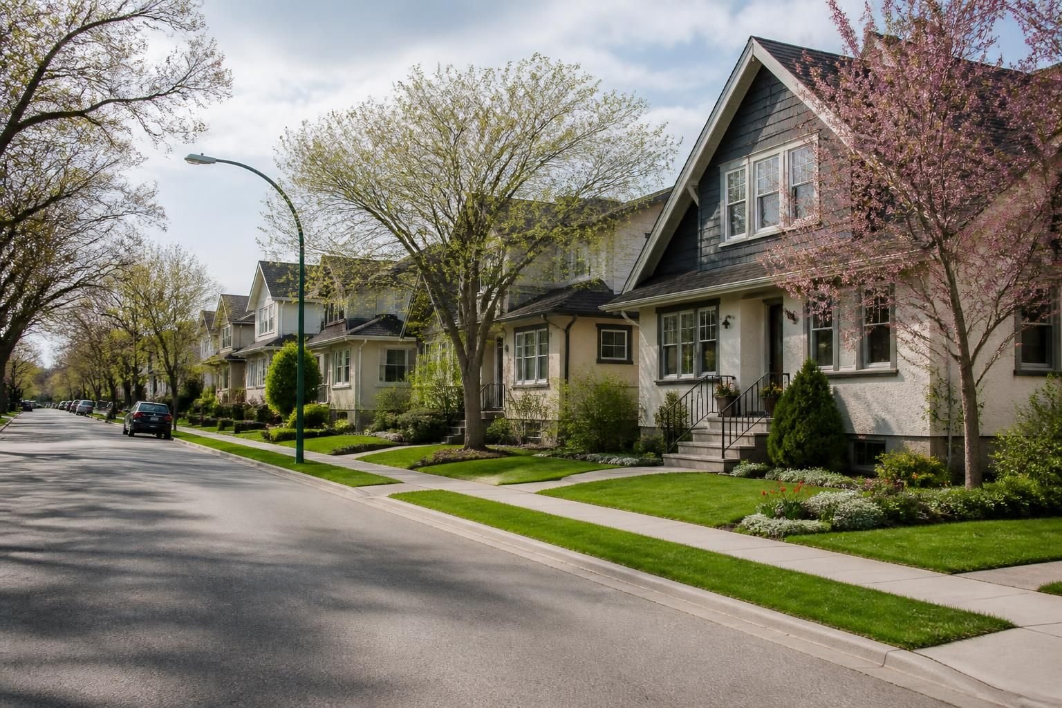 Tidy residential homes along a broad neighborhood street.