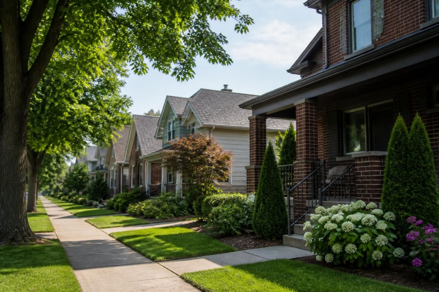 Clean sidewalks and well-kept homes in a quiet neighborhood.