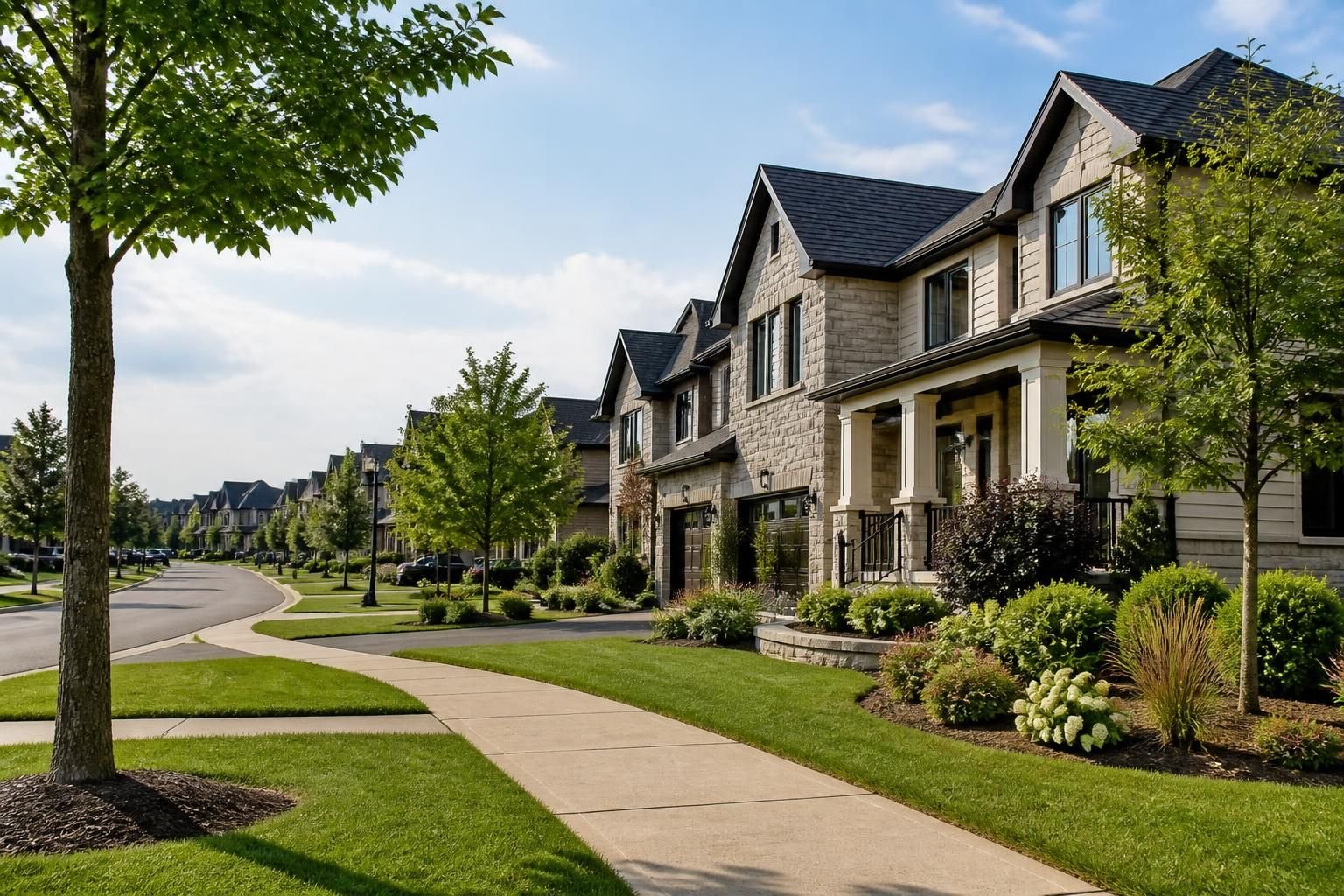 Manicured landscaping and modern homes on a refined street.