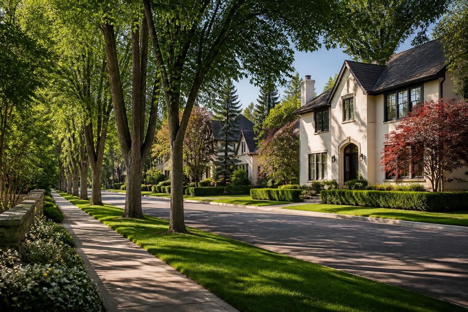 Leafy residential street with elegant homes and a calm atmosphere.