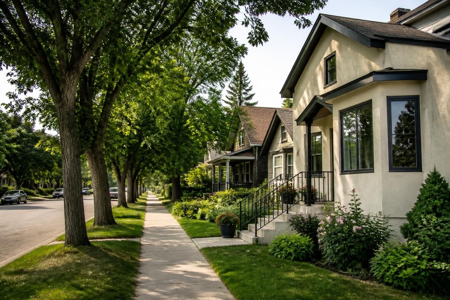 Charming neighborhood street with mature trees and homes.