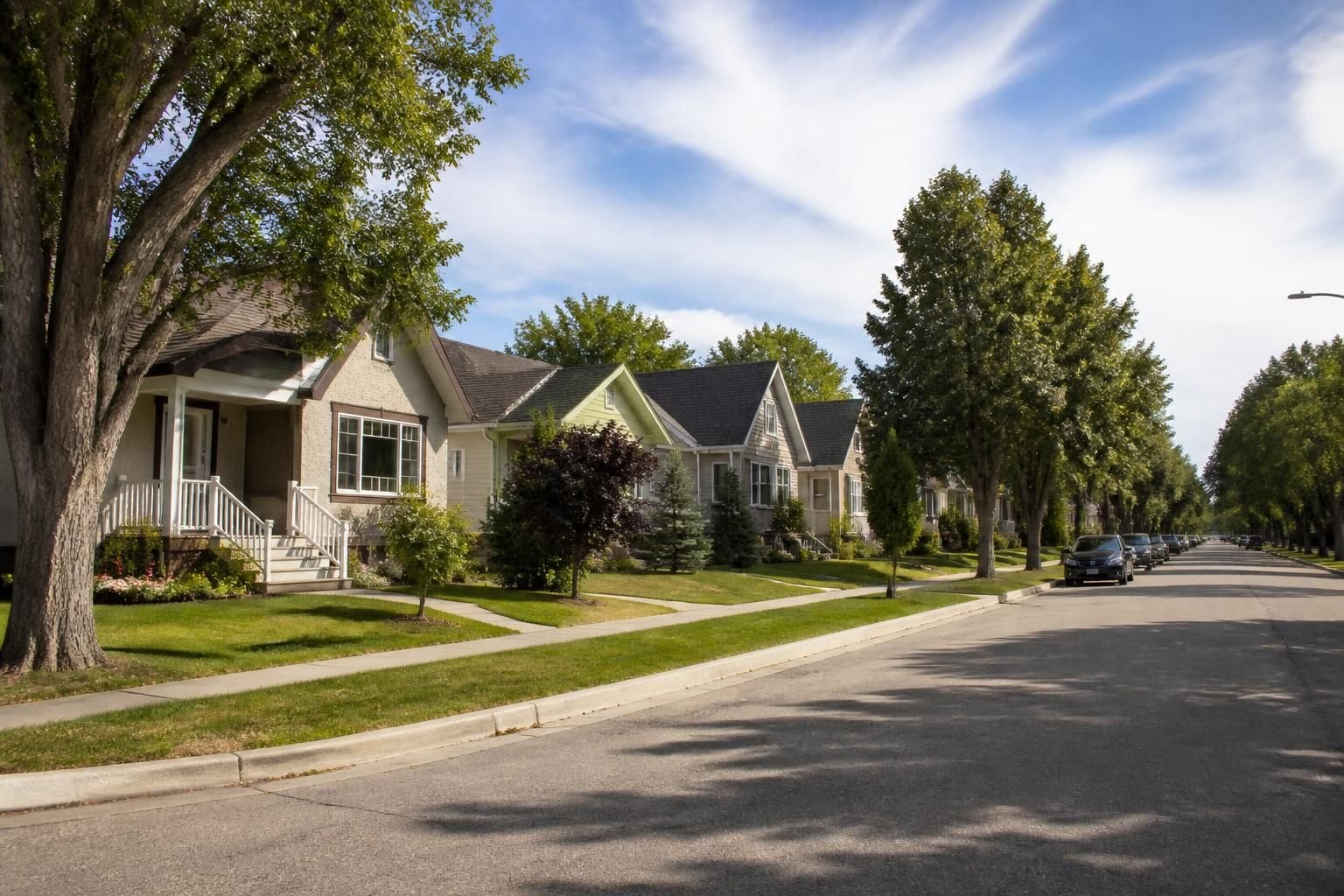 Neatly kept houses along a quiet residential street.