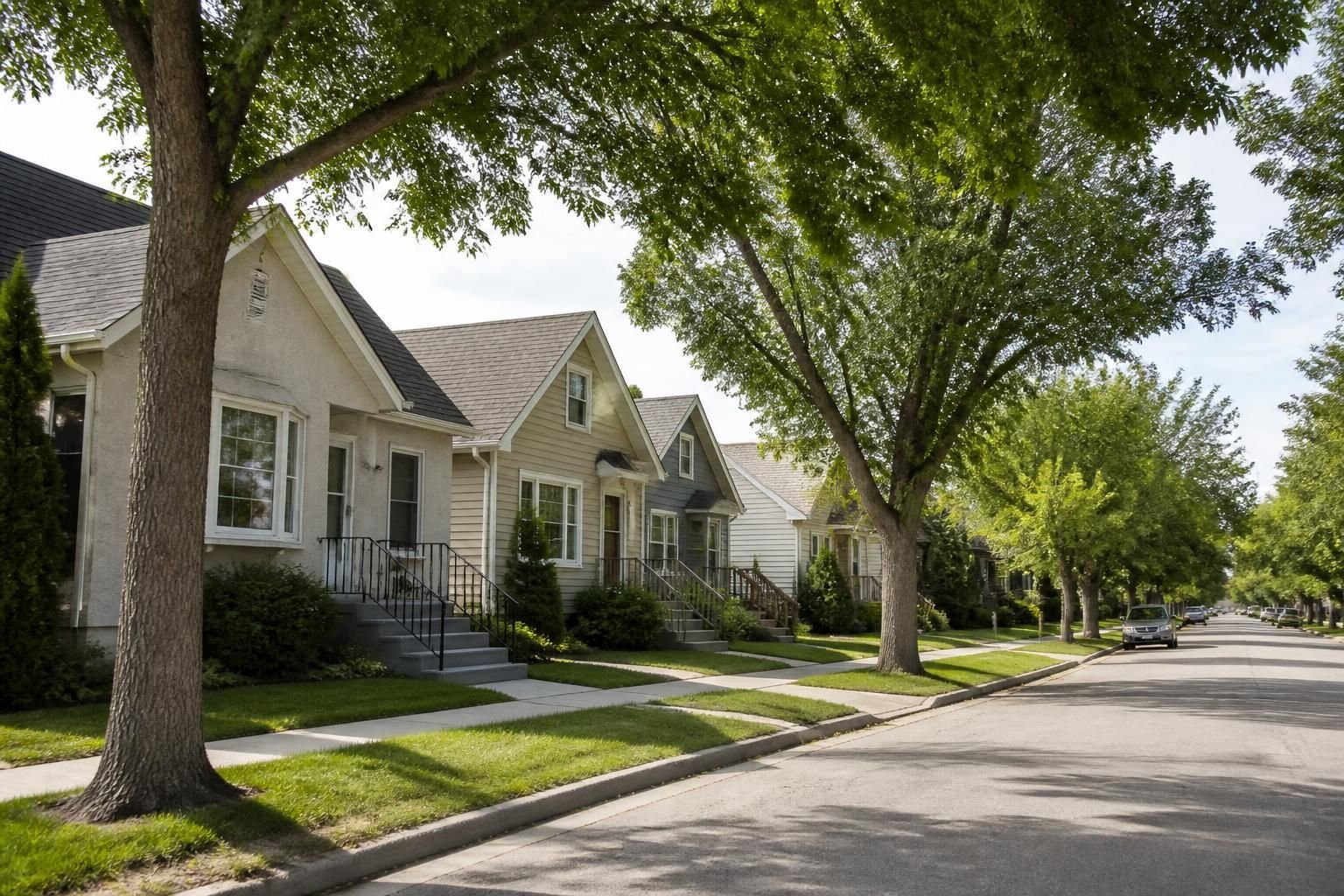 Residential streetscape with mature trees and modest homes.